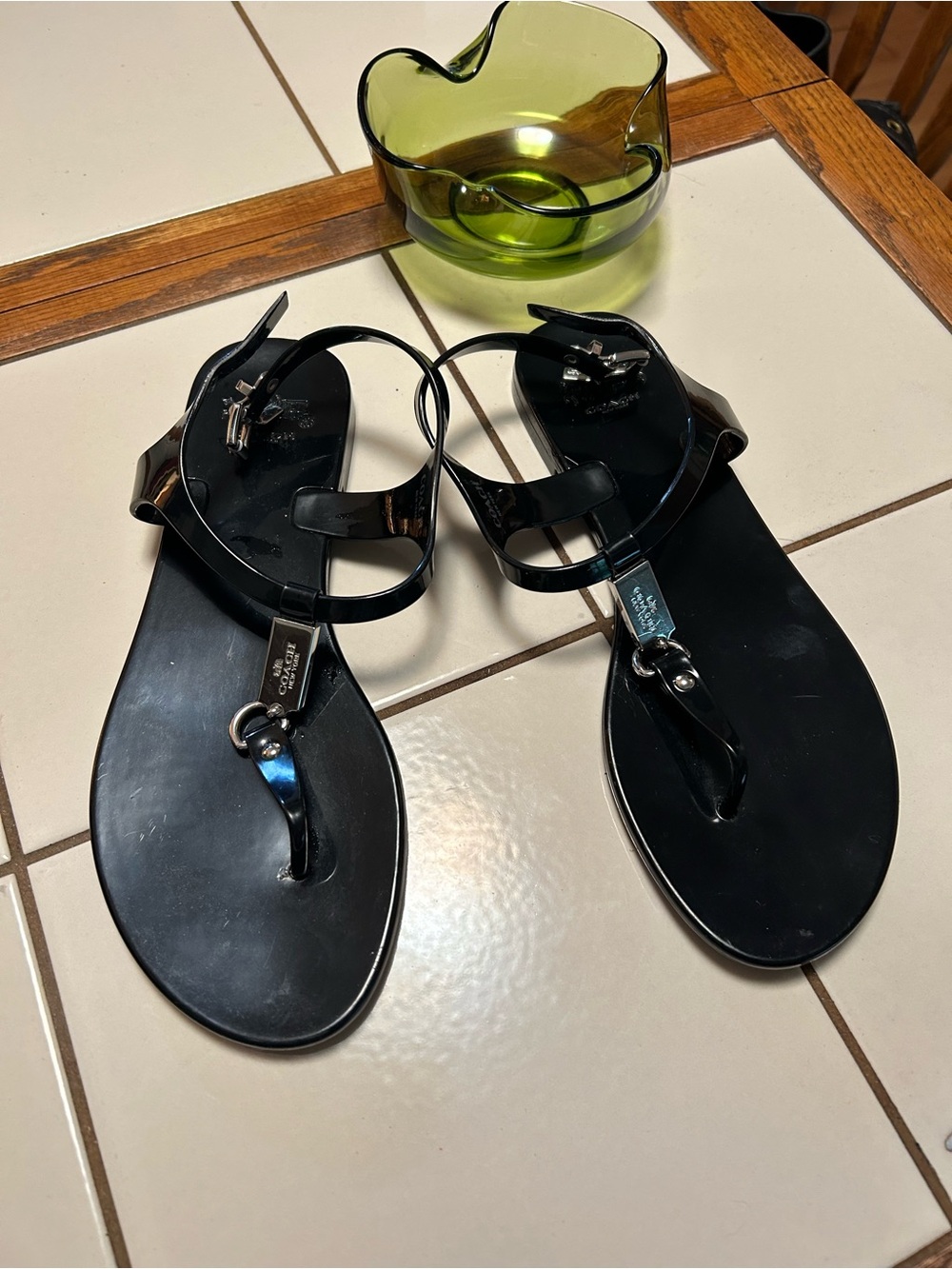 Coach Black Jelly Thong Sandals with Adjustable Ankle Strap
